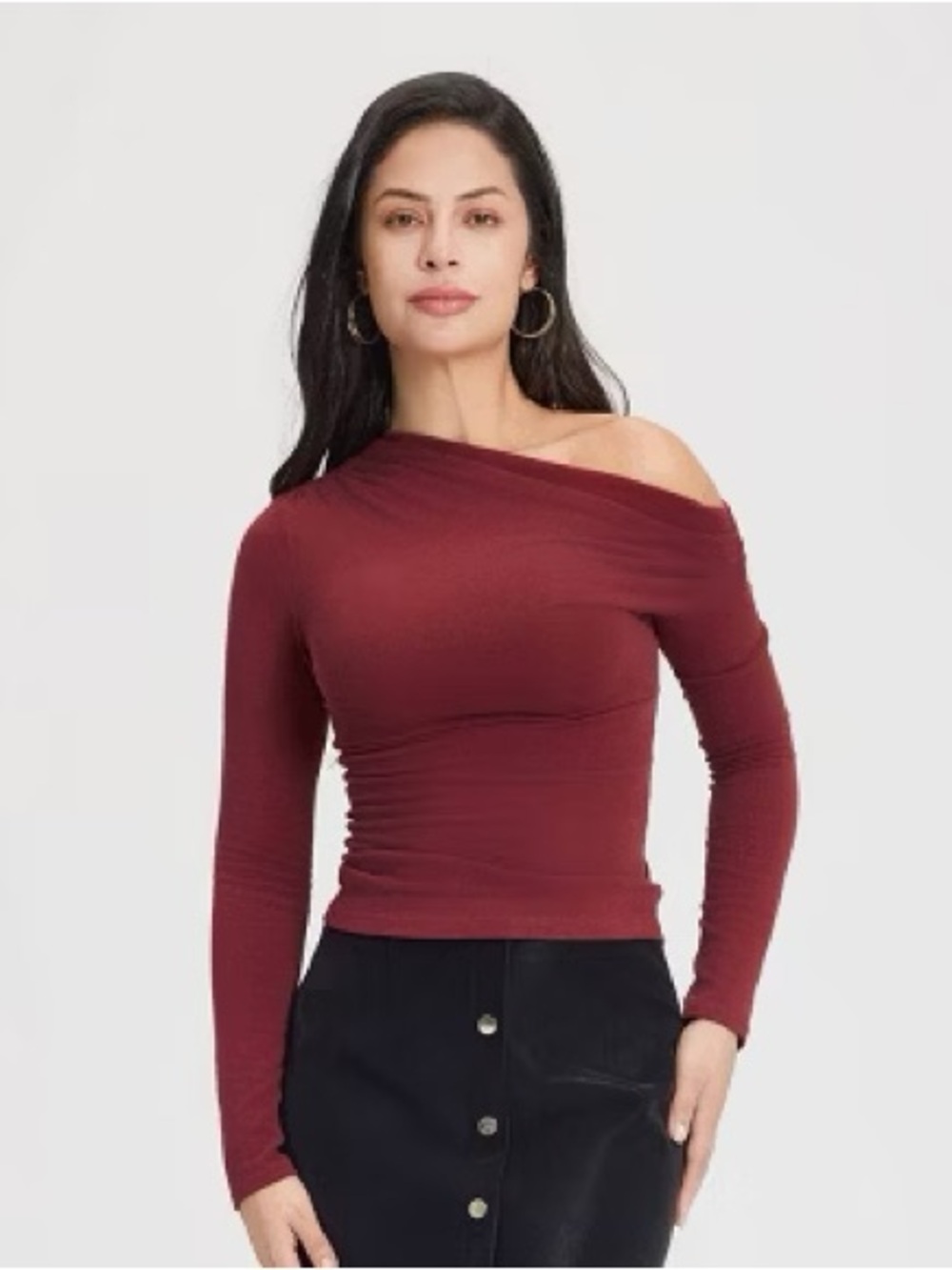 a new day Women's Long-Sleeve Burgundy Boatneck One Shoulder Long Sleeve NWT